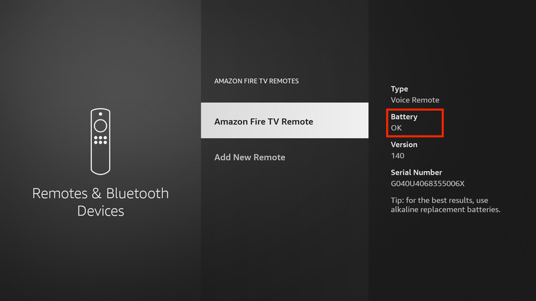 Fire TV Stick remote battery status
