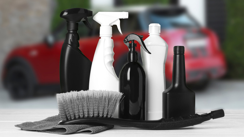 cleaning supplies car in background