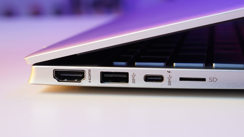 Close up of USB and HDMI ports on side of laptop