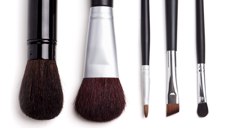 Assorted makeup brushes on white background