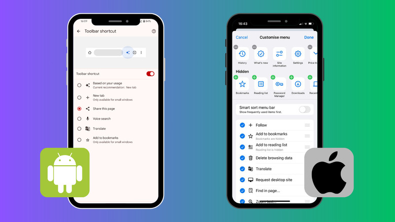 Two smartphone screenshots. On the left is a screenhot from an Android Google Pixel 6 Pro showing the Toolbar shortcut. On the right, is an iPhone showing the Customize Menu page.