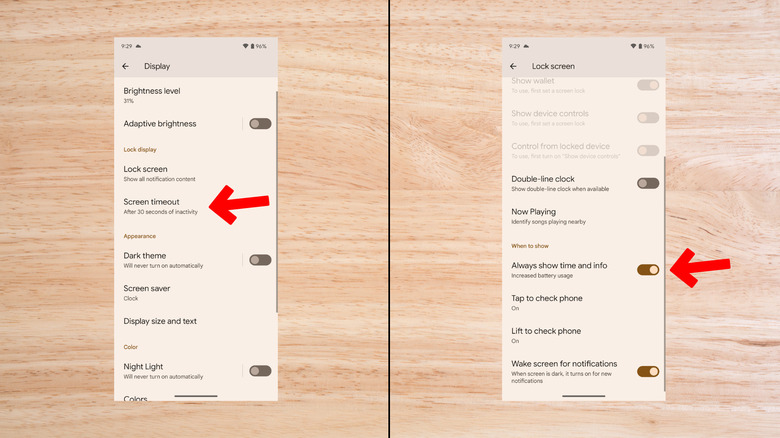 Screen timeout and always-on display setting screenshots