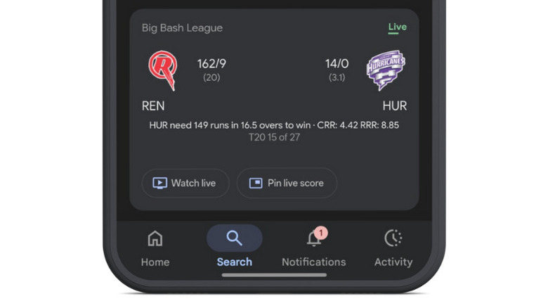 Live sports card in Google app.