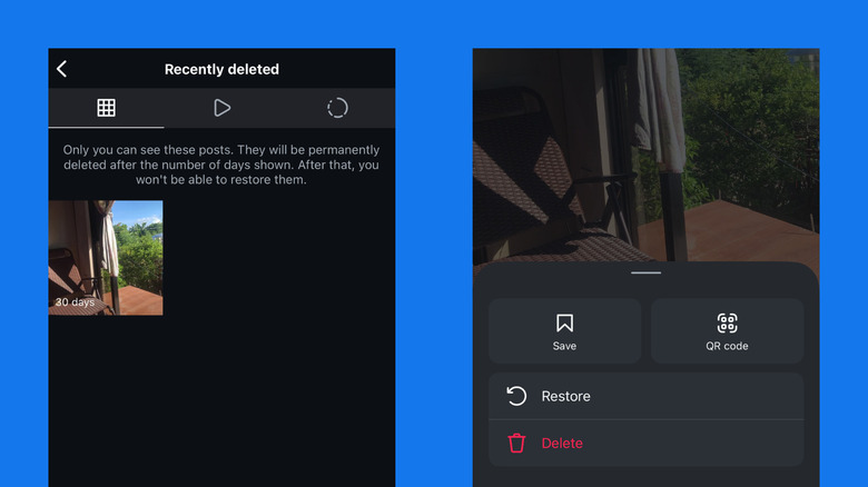 Instagram showing Recently deleted photos and restore option
