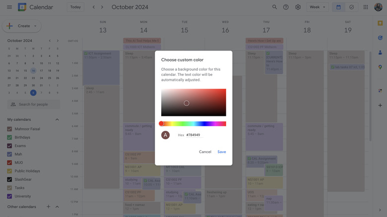 Selecting a custom color in the Google Calendar website