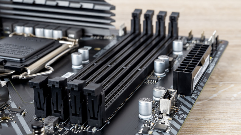 Four RAM slots on a motherboard