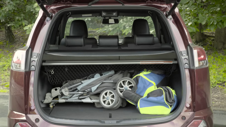 Rear view of 2017 Toyota Rav4 with the trunk open