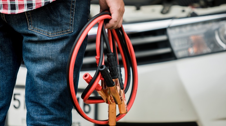Person holding jumper cables