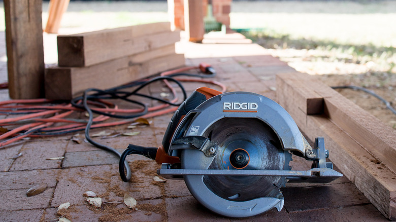 RIDGID power saw on patio