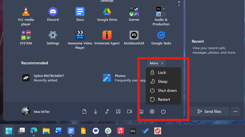 Power options highlighted in Windows 11 Start menu