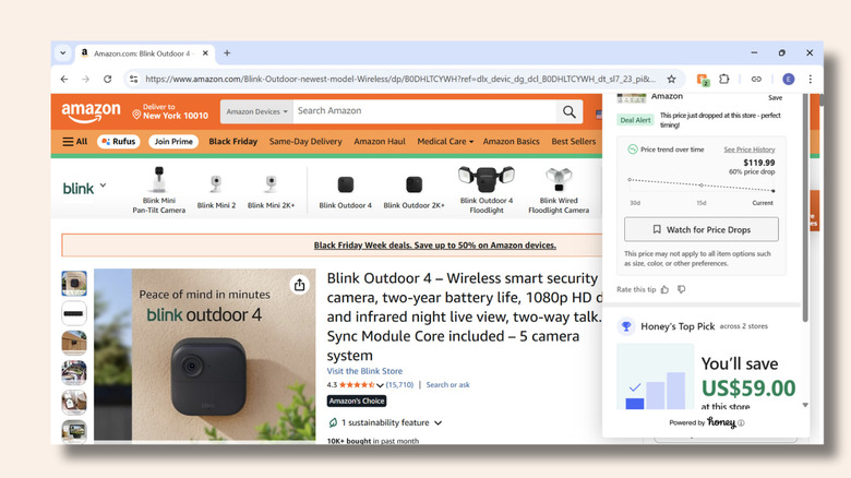 Screenshot of Amazon product page with price information from Honey showing as a pop-up box