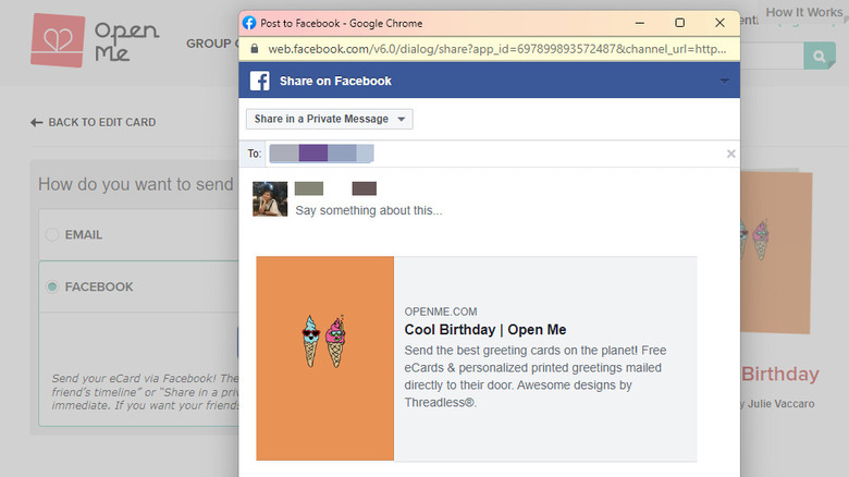 open me ecard facebook sharing