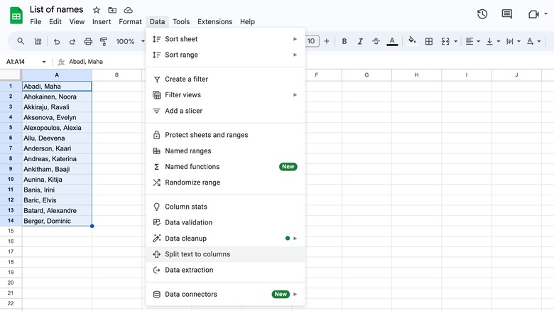 Separate names Google Sheets