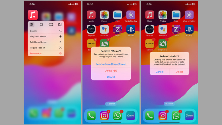 Apple Music app showing uninstall option on iPhone