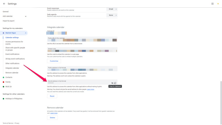 google calendar secret address