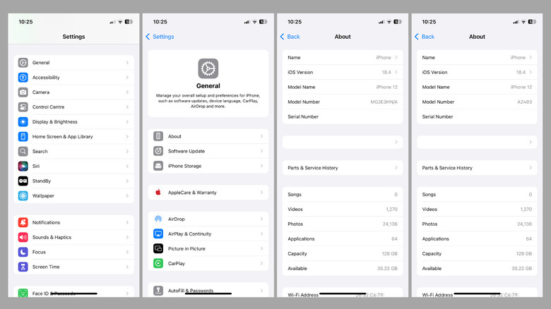 iPhone model number in Settings app
