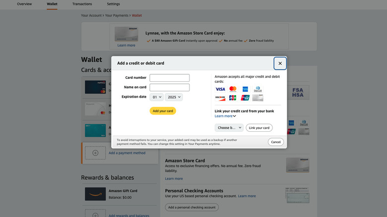 Add a credit or debit card screen on Amazon website