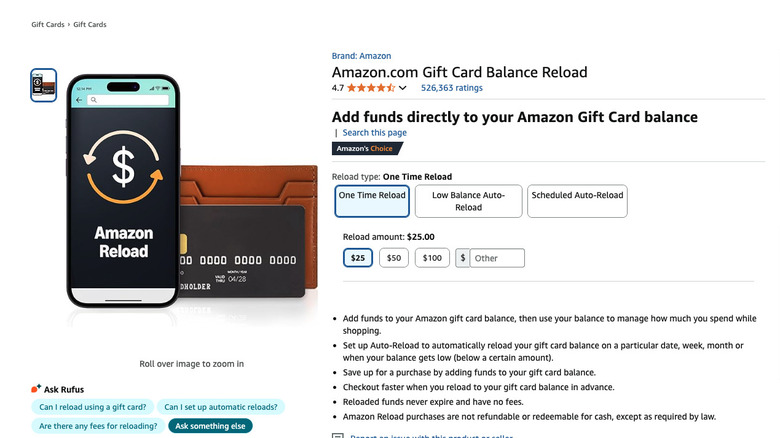 Screen on Amazon for adding funds to Amazon Gift Card balance