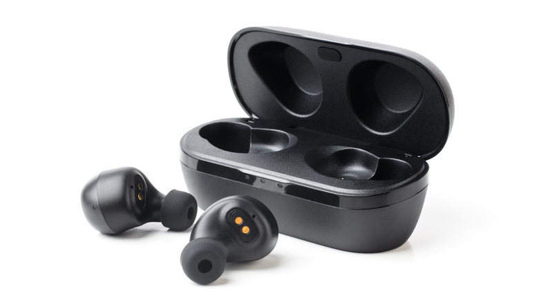 Black wireless earbuds and case
