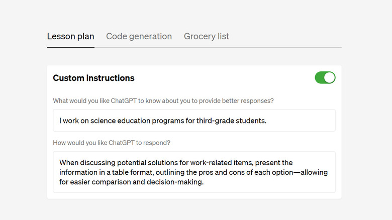 Custom Instructions example prompt