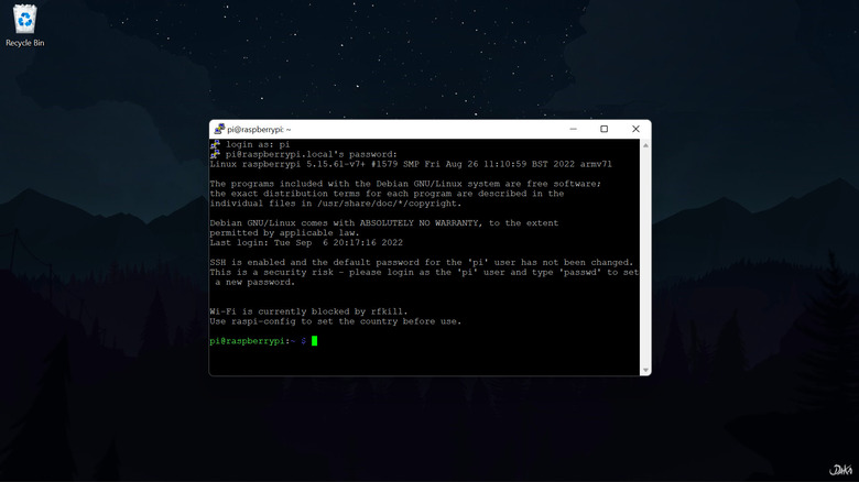 putty logged in to raspberry pi