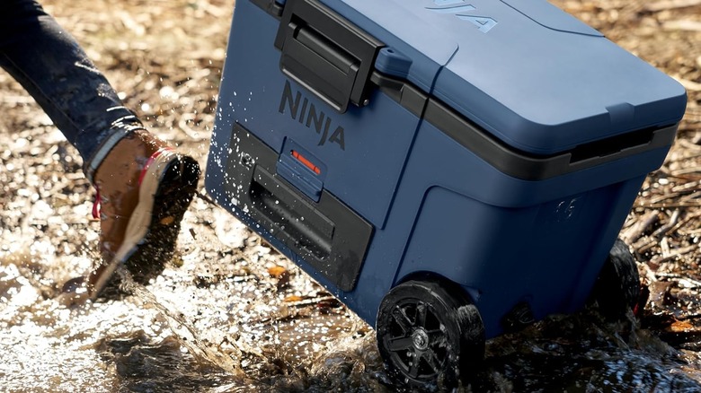 A person pulls the Ninja FrostVault through shallow water