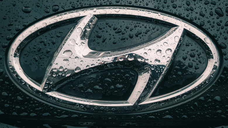 Hyundai logo close-up in rain