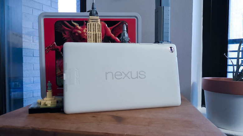 Nexus 7 tablet posed on stand with Lego set