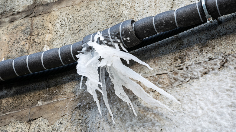 An ice formation from a burst, foam-insulated water pipe