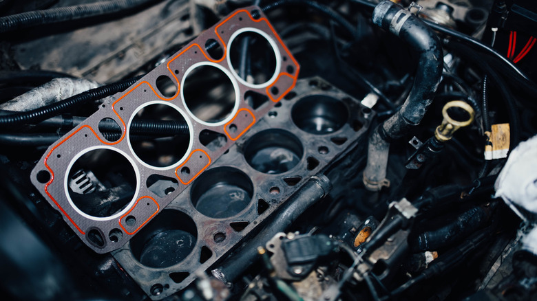 New head gasket displayed on engine block without a head