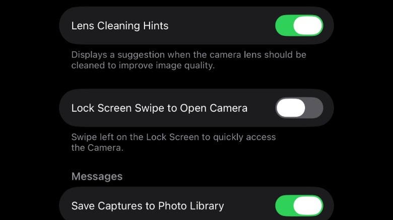 The Lock Screen Swipe to Open Camera toggle in iOS 26's Camera settings