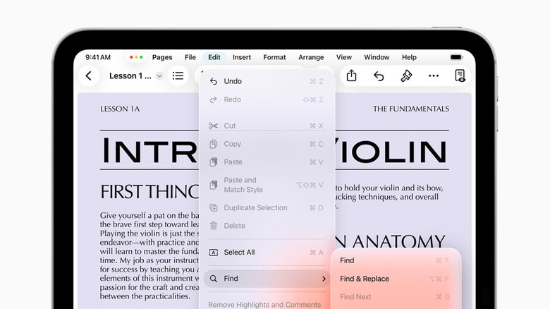 iPad with menu bar shortcuts