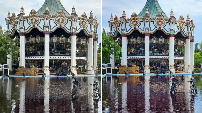 two photos of a carousel 
