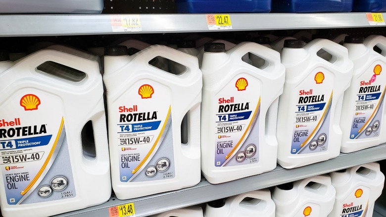 a display shelf of shell rotella 15w-40 engine oil