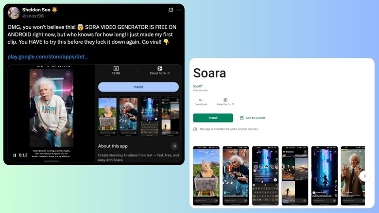 Fake Sora app social media posts and fake Play Store page