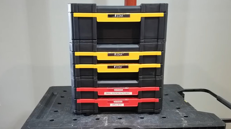 DeWalt's TStak System stacked on top of Craftsman's VersaStack