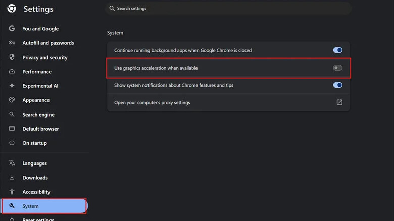 Graphics acceleration settings in Google Chrome