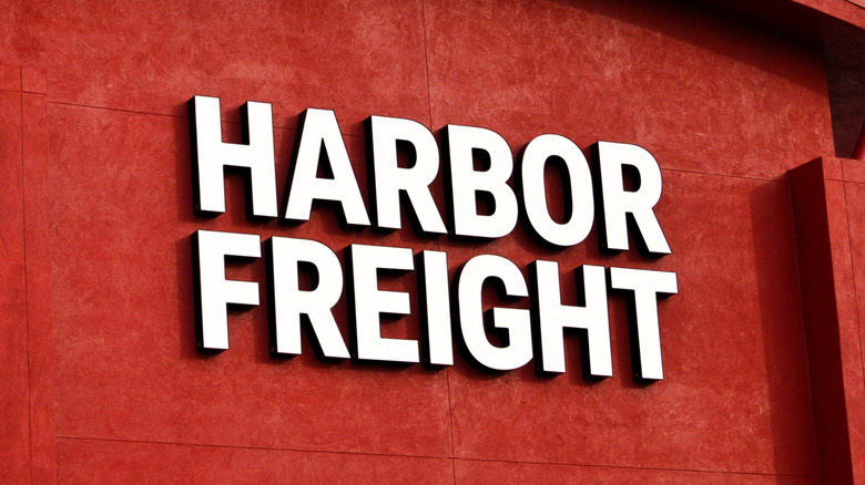 The logo on the front of a Harbor Freight store against the signature red wall