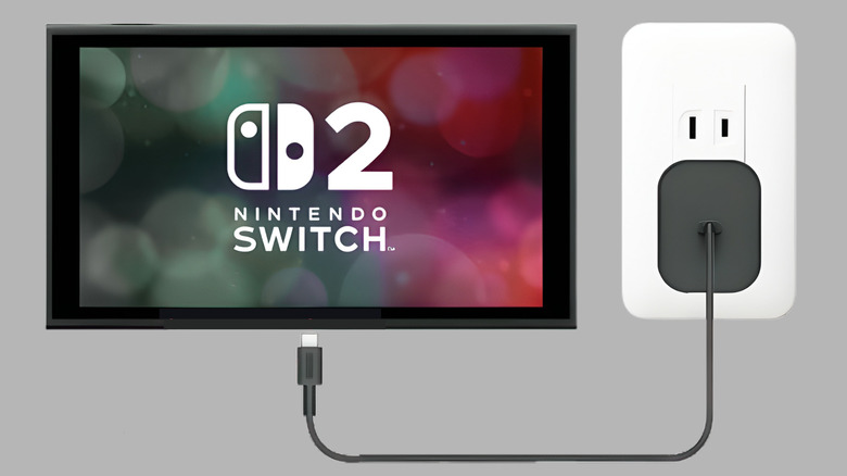 Representation of the Switch 2 connected to its original wall adapter.