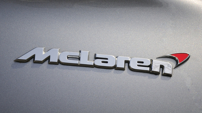McLaren name badge on a Mercedes-Benz SLR McLaren sports car.