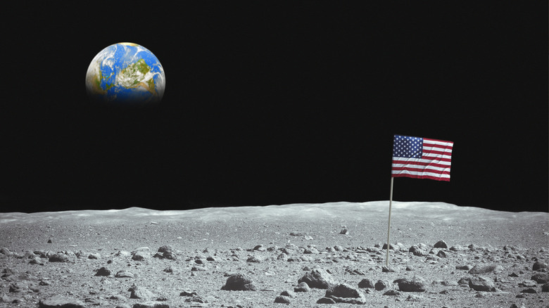 An American flag planted on the moon