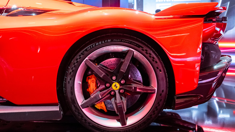 Closeup of Ferrari F80 rear wheel showing brake disc