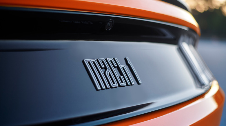 Close up of Mach 1 badging on a black Mustang
