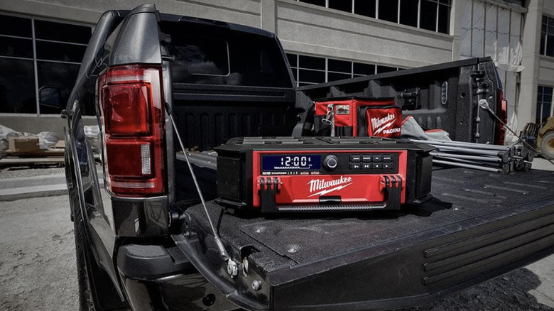 Milwaukee Packout Radio in back of truck