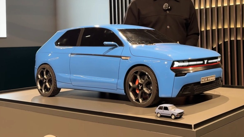 Yugo concept car clay scale model, front-right three-quarter view