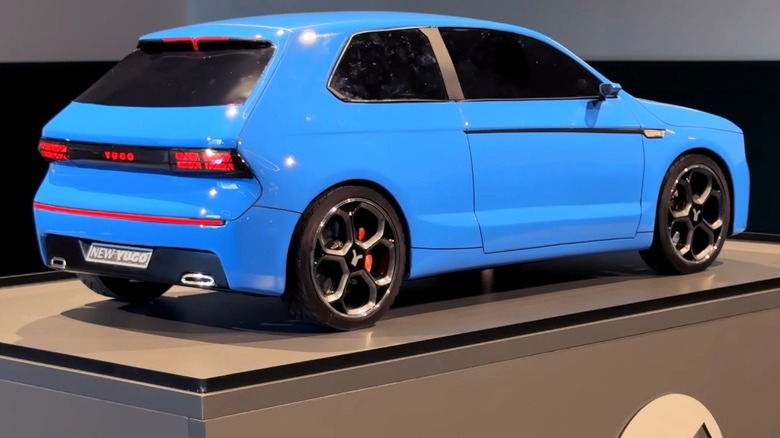 Yugo concept car clay scale model, rear-right three-quarter view