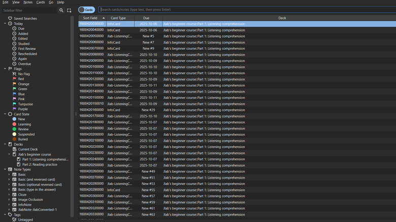 A screenshot of the deck browser in Anki displaying a card deck.