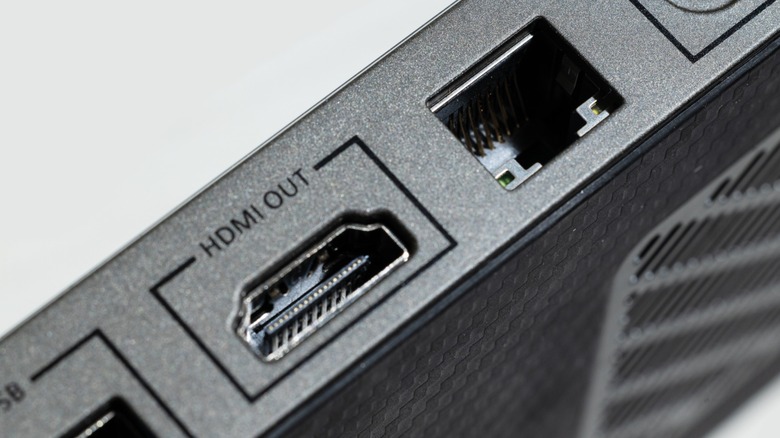 A connection adapter showing a HDMI port