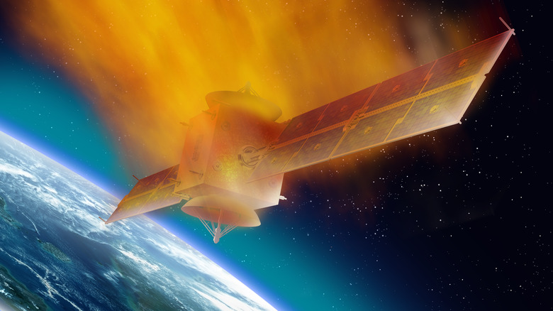 An illustration of a satellite burning up in Earth's atmosphere