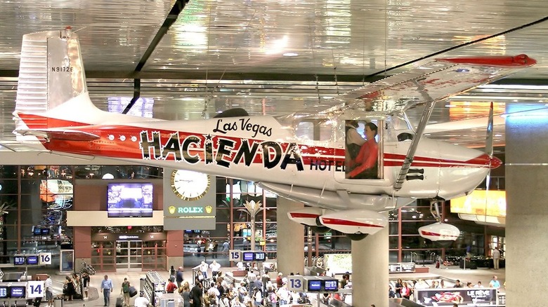The Cessna 172 flown by Robert Timm and John Cook to set the record for the world's longest airplane flight (64 days, 22 hours, 19 minutes and 5 seconds), now hanging in McCarran International Airport, Las Vegas, Nevada.